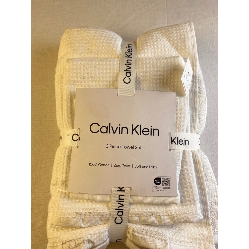Calvin Klein Eternity Solid White 3 Piece Towel Set 100% Cotton Waffle Weave NEW